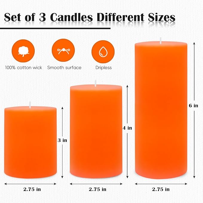 Set of 3 Different Size Orange Pillar Candles, Unscented Dripless 2.75x3, 2.75x4, 2.75x6 Inch Fall