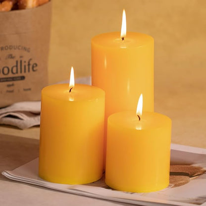 KONNI Yellow Pillar Candles Set of 3, 3"x 6" Unscented Pillar Candles Bulk, 56 Hours Long Burning