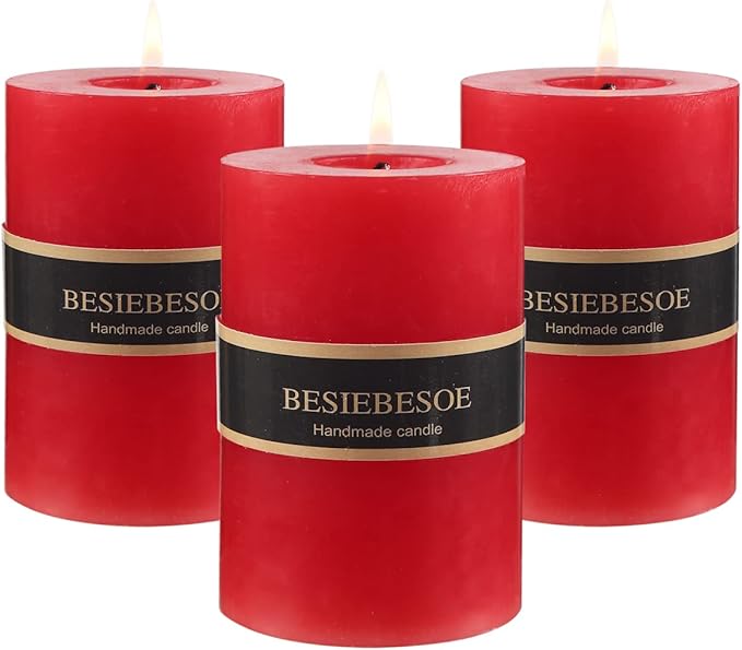 3 x 4 Red Pillar Candles Set of 3 Unscented Handpoured Weddings, Home Decoration, Restaurants, Spa