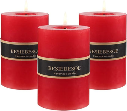 3 x 4 Red Pillar Candles Set of 3 Unscented Handpoured Weddings, Home Decoration, Restaurants, Spa
