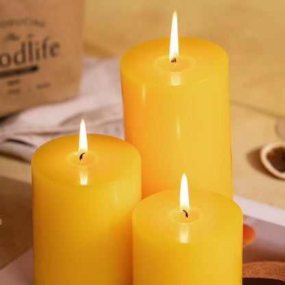 KONNI Yellow Pillar Candles Set of 3, 3"x 3" Unscented Pillar Candles Bulk, 30 Hours Long Burning