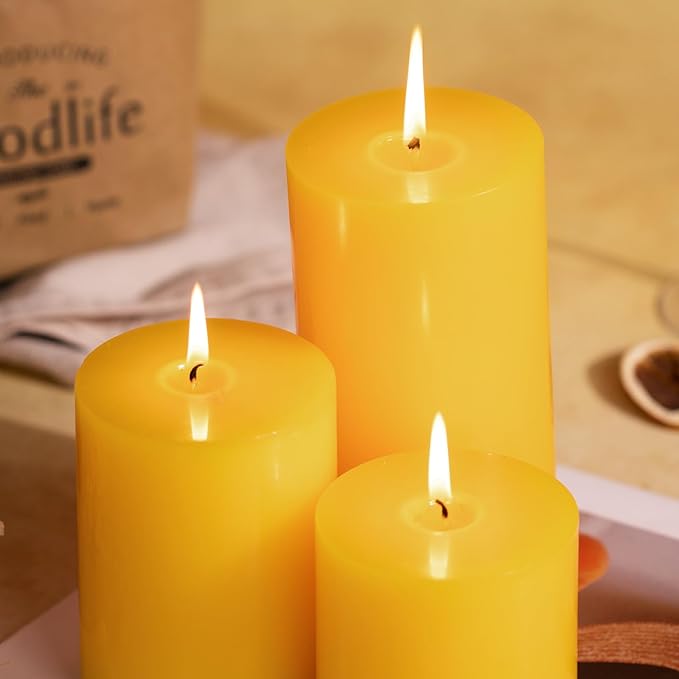 KONNI Yellow Pillar Candles Set of 3, 3"x 6" Unscented Pillar Candles Bulk, 56 Hours Long Burning