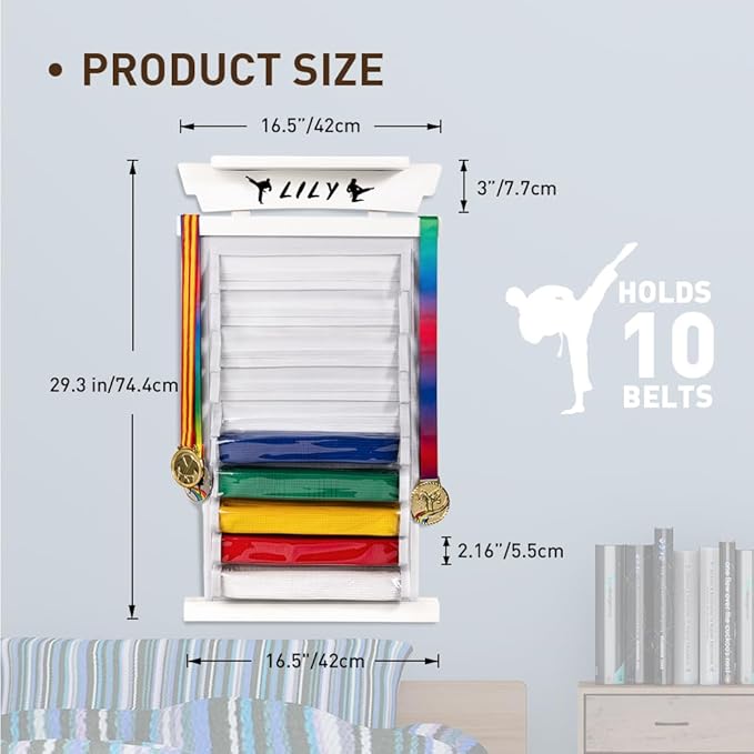 Tilhumt 12/10 Belts Karate Belt Display Rack with Stickers, Taekwondo Belt Display with