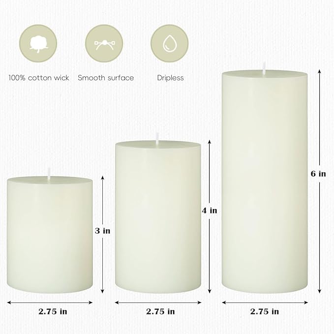 Set of 3 Different Size Ivory Pillar Candles, Unscented Dripless 2.75x3, 2.75x4, 2.75x6 Inch Long