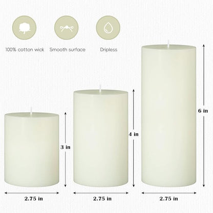 Set of 3 Different Size Ivory Pillar Candles, Unscented Dripless 2.75x3, 2.75x4, 2.75x6 Inch Long