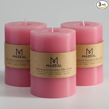 MOZEAL 3" x 4" Hand-Poured Unscented Candle,Dripless Pillar Candle Set of 3,Long Clean