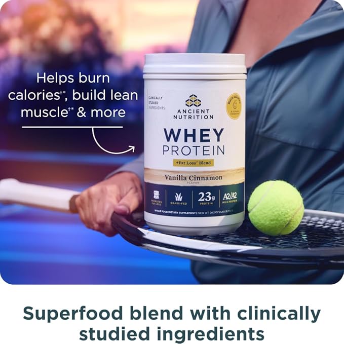 Ancient Nutrition Grass Fed Whey Protein + Fat Loss Blend, Vanilla Cinnamon, 23g Protein, Promotes