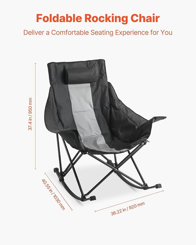 VEVOR Rocking Camping Chair, Portable Folding Rocker, Heavy-Duty Lawn Chair Recliner with Cupholder