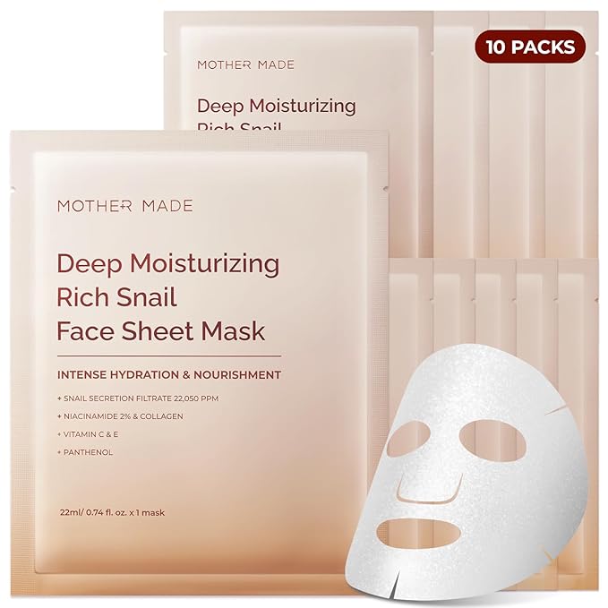 MOTHER MADE Glowing Glass Skin Hydrating Snail Deep Collagen Face Masks 10 EA, with Niacinamide 2%