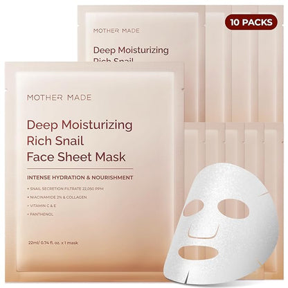 MOTHER MADE Glowing Glass Skin Hydrating Snail Deep Collagen Face Masks 10 EA, with Niacinamide 2%