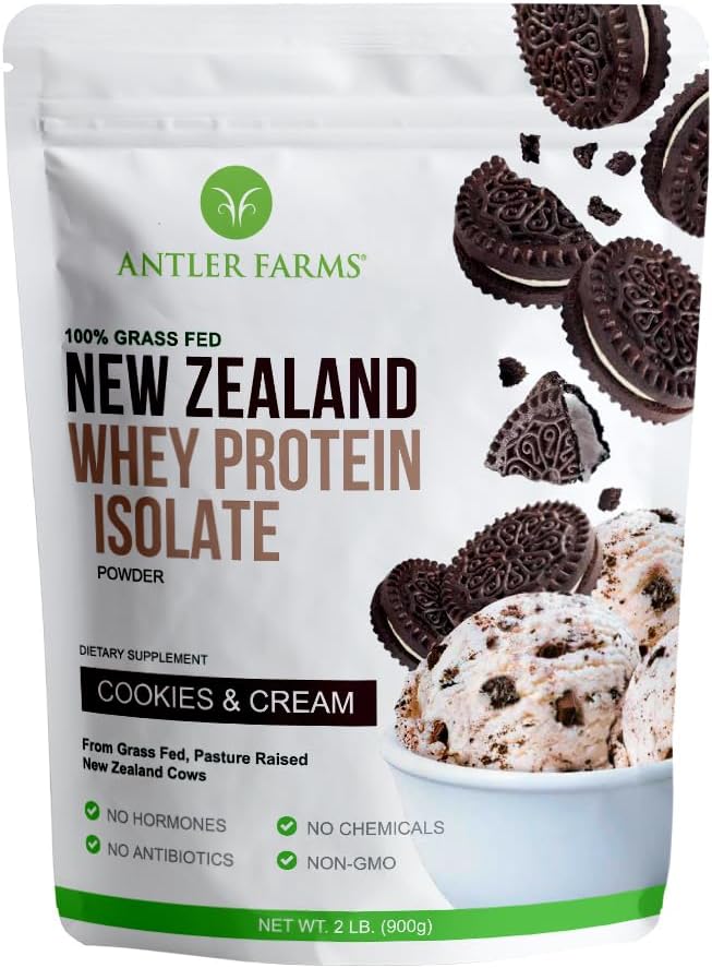 Antler Farms - 100% Grass Fed New Zealand Whey Protein Isolate, Cookies & Cream Flavor, 2 lbs