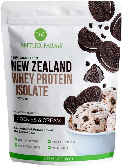 Antler Farms - 100% Grass Fed New Zealand Whey Protein Isolate, Cookies & Cream Flavor, 2 lbs