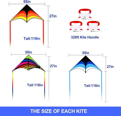 3 Pack Delta Kite Set for Adults and Kids, Single Line Beach Kites for Boys & Girls, Three Handle