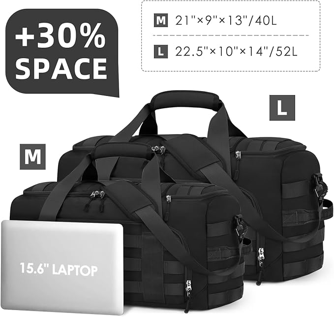 ZOMFELT Tactical Gym Bags for Men, 52L Travel Duffle Bag with Removable Dividers & Innovative Shoe