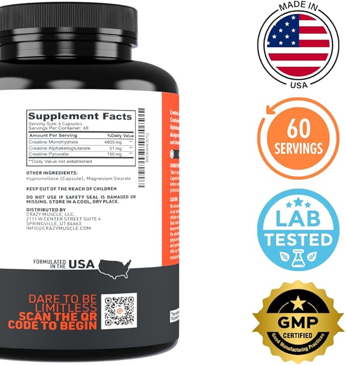Crazy Muscle Creatine Capsules, 5g of Premium 3X ThreeAtine Pre Workout Bulk Mass Gainer, High