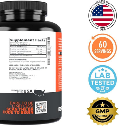 Crazy Muscle Creatine Capsules, 5g of Premium 3X ThreeAtine Pre Workout Bulk Mass Gainer, High