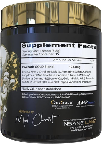 Insane Labz Psychotic Gold, High Stimulant Pre Workout Powder, Extreme Lasting Energy, Pumps and