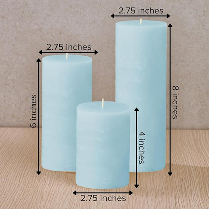 Simply Soson 3x4, 3x6, 3x8 inch Light Blue Pillar Candles, Set of 3 Pillar Candles, Rustic Texture