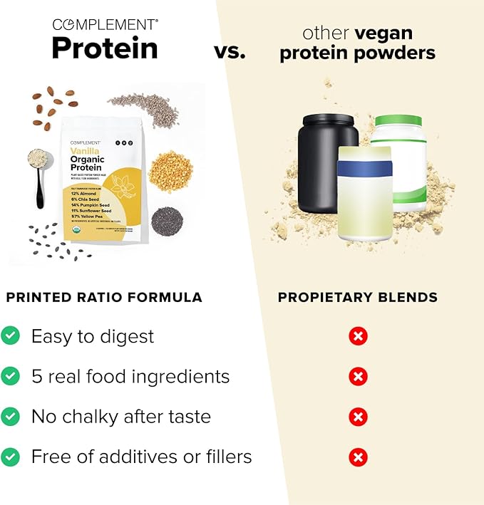 Complement Organic Vanilla Vegan Protein Powder (15 Servings) Low Carb, Low Calorie, Sugar Free
