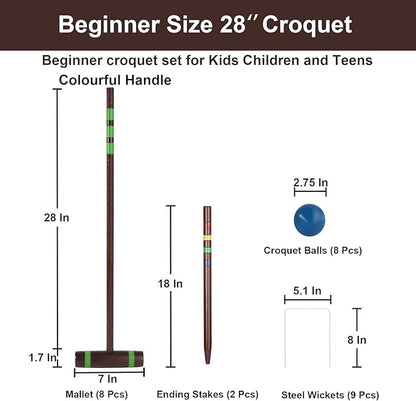 28In Croquet Party Set for 8 Players - Made of Long-Lasting Pine Wood, Family Fun for Backyards