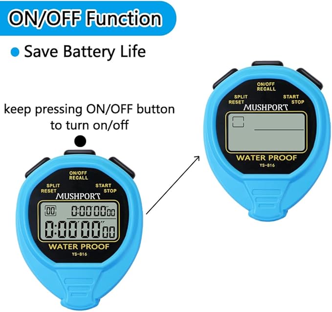 Waterproof Stopwatch Timer 30 Laps/Splits Only Stopwatch Mode, ON/Off Silent Memory Recall Simple