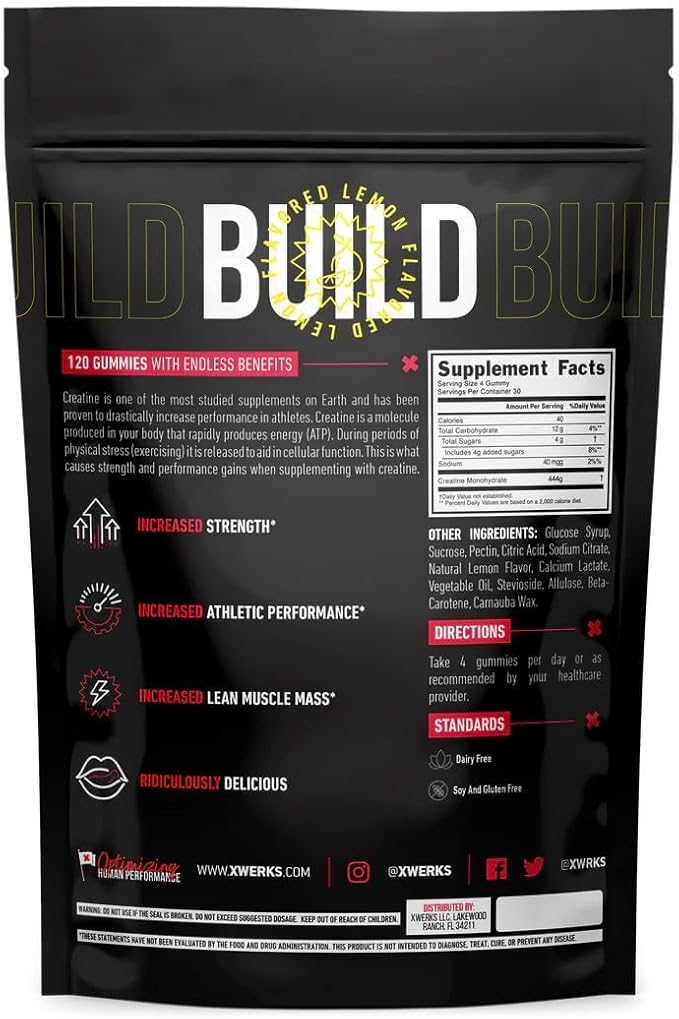 Xwerks Build Creatine Gummies for Men and Women, 120 Count, 100% Pure Creatine Monohydrate