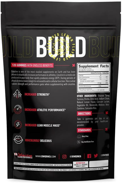 Xwerks Build Creatine Gummies for Men and Women, 120 Count, 100% Pure Creatine Monohydrate