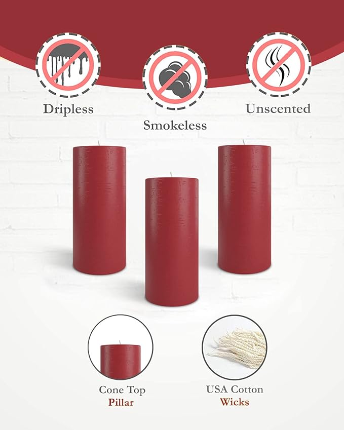 Mottled Pillar Candles by Bask - Set of 6-3" x 6" Dripless Unscented Holiday Candles in Cranberry
