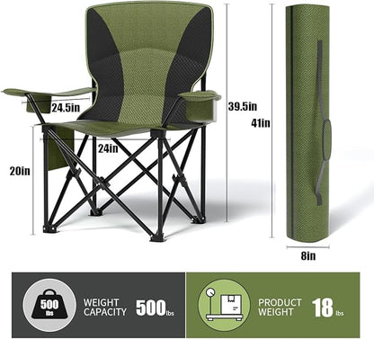 Heavy Duty Folding Chair 500LB Capacity, Oversized Camping Chairs with Cup Holder, Cooler Bag &