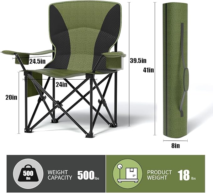Heavy Duty Folding Chair 500LB Capacity, Oversized Camping Chairs with Cup Holder, Cooler Bag &