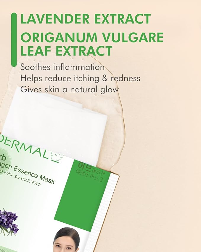 DERMAL Herb Collagen Essence Facial Mask Sheet 23g Pack of 10 - Skin Clear and Purifying, Pore
