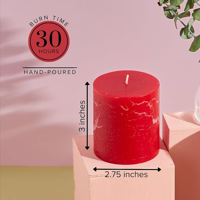 Simply Soson Red Rustic Texture Pillar Candles 3x3 inch - Set of 3 - Unscented Decorative Red