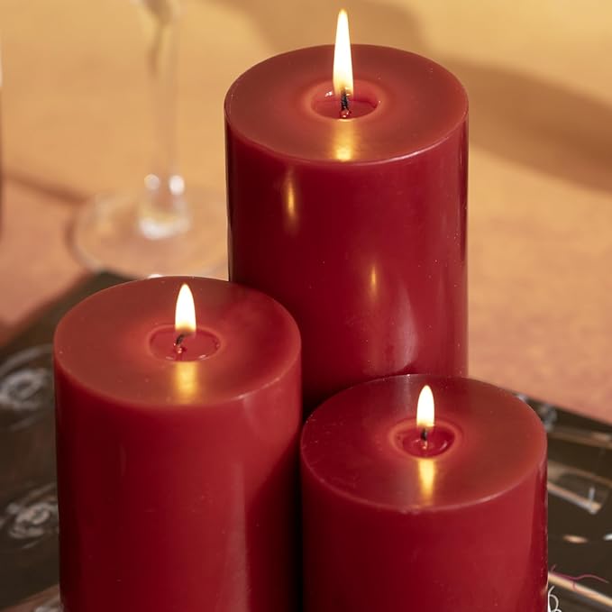 KONNI Dark Red Pillar Candles Set of 3, 3"x 6" Unscented Pillar Candles Bulk, 56 Hours Long Burning