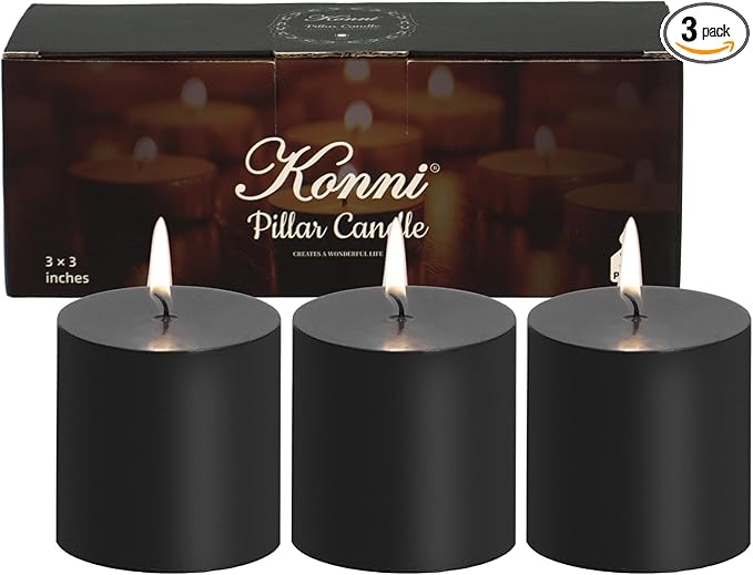 KONNI Black Pillar Candles Set of 3, 3"x 3" Unscented Pillar Candles Bulk, 30 Hours Long Burning