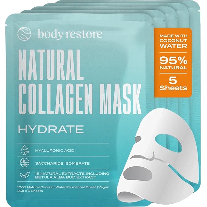 Body Restore Natural Collagen Face Mask 5 Pack ??Korean Skin Care Mask with Fermented Coconut