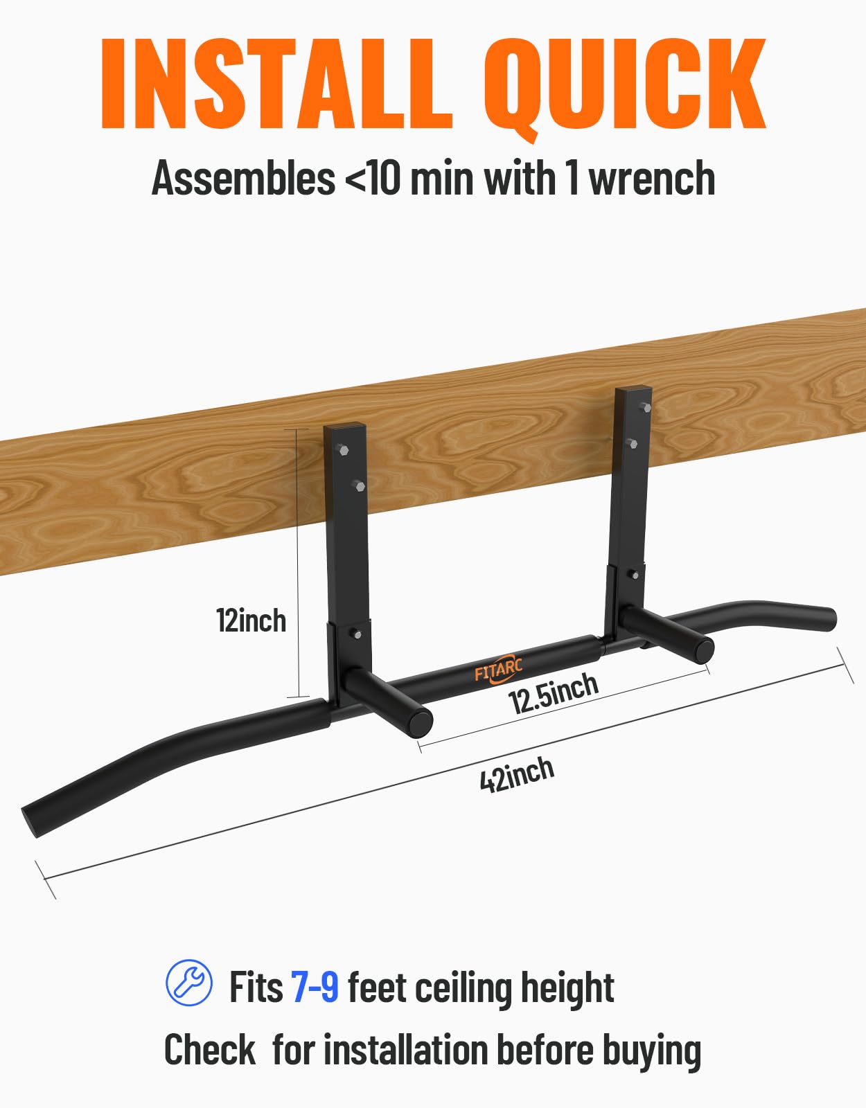Fitarc Joist Mount Pull Up Bar, Home Gym Workout Equipment, 440lbs Max