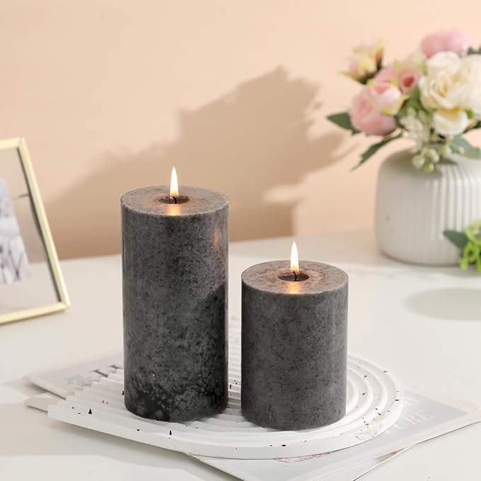 3x6 inch Grey Pillar Candles Set of 3, Unscented Pillar Candle, Dripless and Smokeless Large