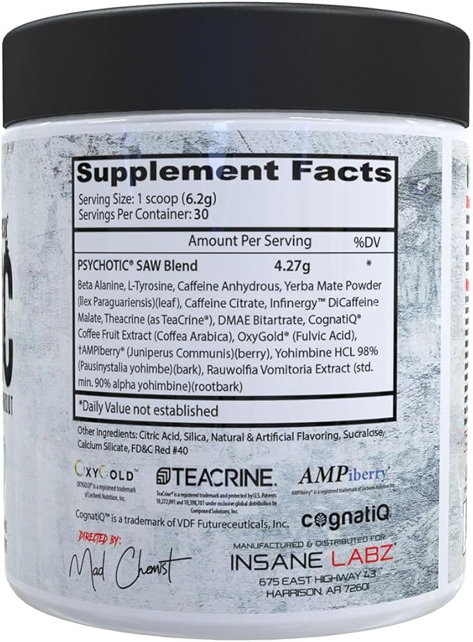Insane Labz Psychotic SAW®, High Stim Pre Workout Powder with OxyGold­??and AMPiberry®, Extreme