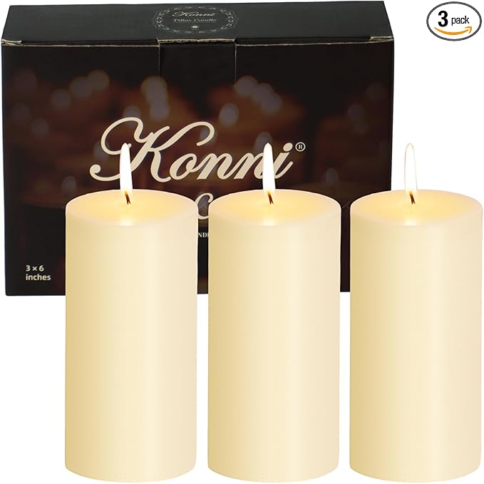 KONNI Ivory Pillar Candles Set of 3, 3"x 6" Unscented Pillar Candles Bulk, 56 Hours Long Burning