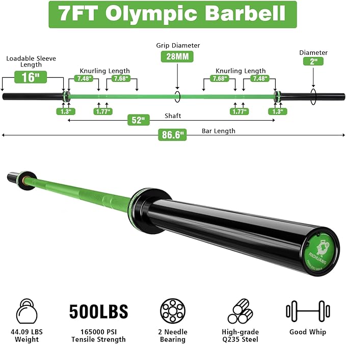 7ft Olympic Barbell, Weightlifting Barbell 28mm 45lb - 500/700/1000lbs Capacity with Smooth