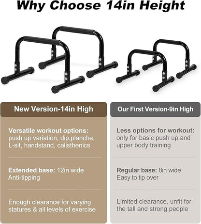 TABEKE Push Up Bar, 14'' High Steel Parallettes & Dip Bar with Full Coverage Foam Handle