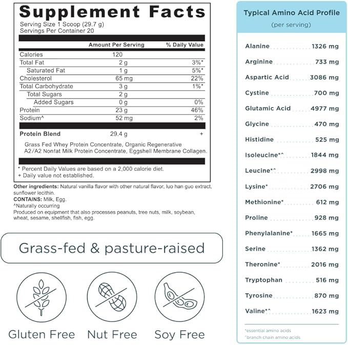 Ancient Nutrition Grass Fed Whey Protein, Vanilla Bean, 23g Protein, 20 Servings, Hydrolyzed