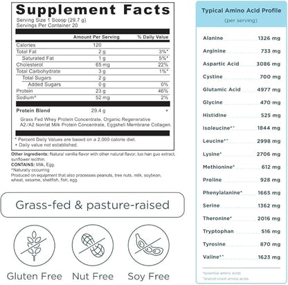 Ancient Nutrition Grass Fed Whey Protein, Vanilla Bean, 23g Protein, 20 Servings, Hydrolyzed