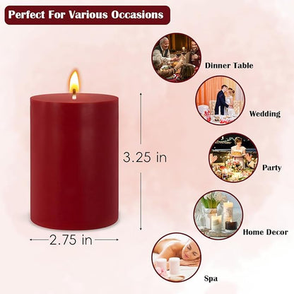 6 Packs 2.75x3.25 Inch Red Colored Pillar Candles, Unscented Dripless Non-Toxic Clean Burning