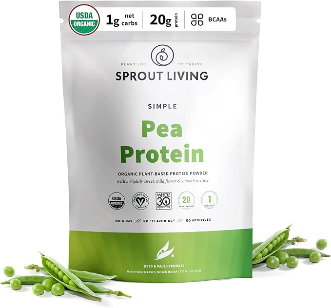 Sprout Living Organic Pea Protein Powder, Unflavored, 20 Grams of Plant Based Organic Protein