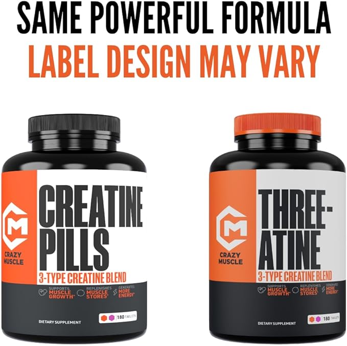 Crazy Muscle Creatine Monohydrate Pills, Premium 3 Type 5g Creatine Pills, Pre and PostWorkout &