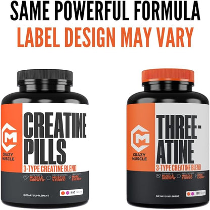 Crazy Muscle Creatine Monohydrate Pills, Premium 3 Type 5g Creatine Pills, Pre and PostWorkout &
