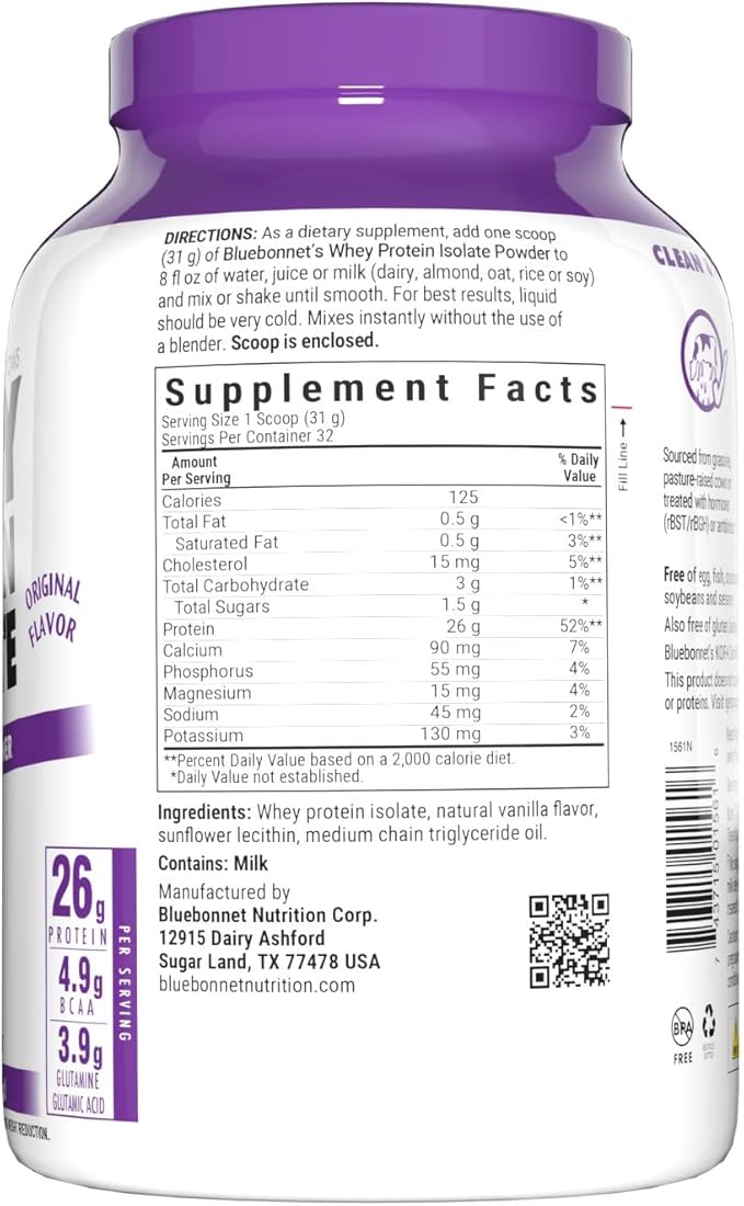 Bluebonnet Nutrition Whey Protein Isolate Powder, Whey from Grass Fed Cows, 26 Grams of Protein, No