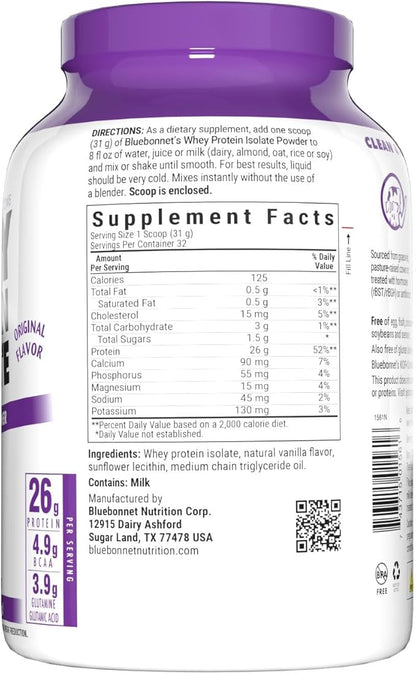 Bluebonnet Nutrition Whey Protein Isolate Powder, Whey from Grass Fed Cows, 26 Grams of Protein, No