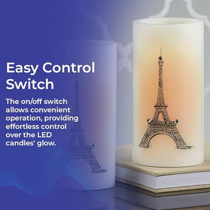 SAGEFINDS Eiffel Tower LED Candles, Set of 2, Flameless Real Wax Pillar Candles, Battery Operated